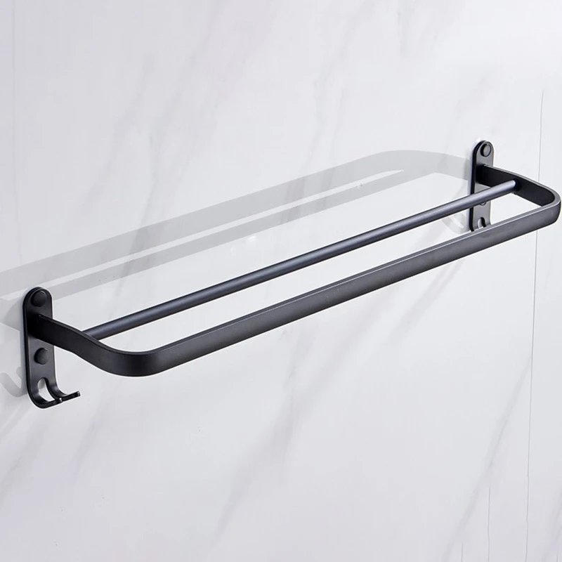 Hot 60 Cm Wall Mount Black Towel Rack Aluminum Double Rod Towel Bar With Hook For Home Hotel Bathroom Shower Accessories