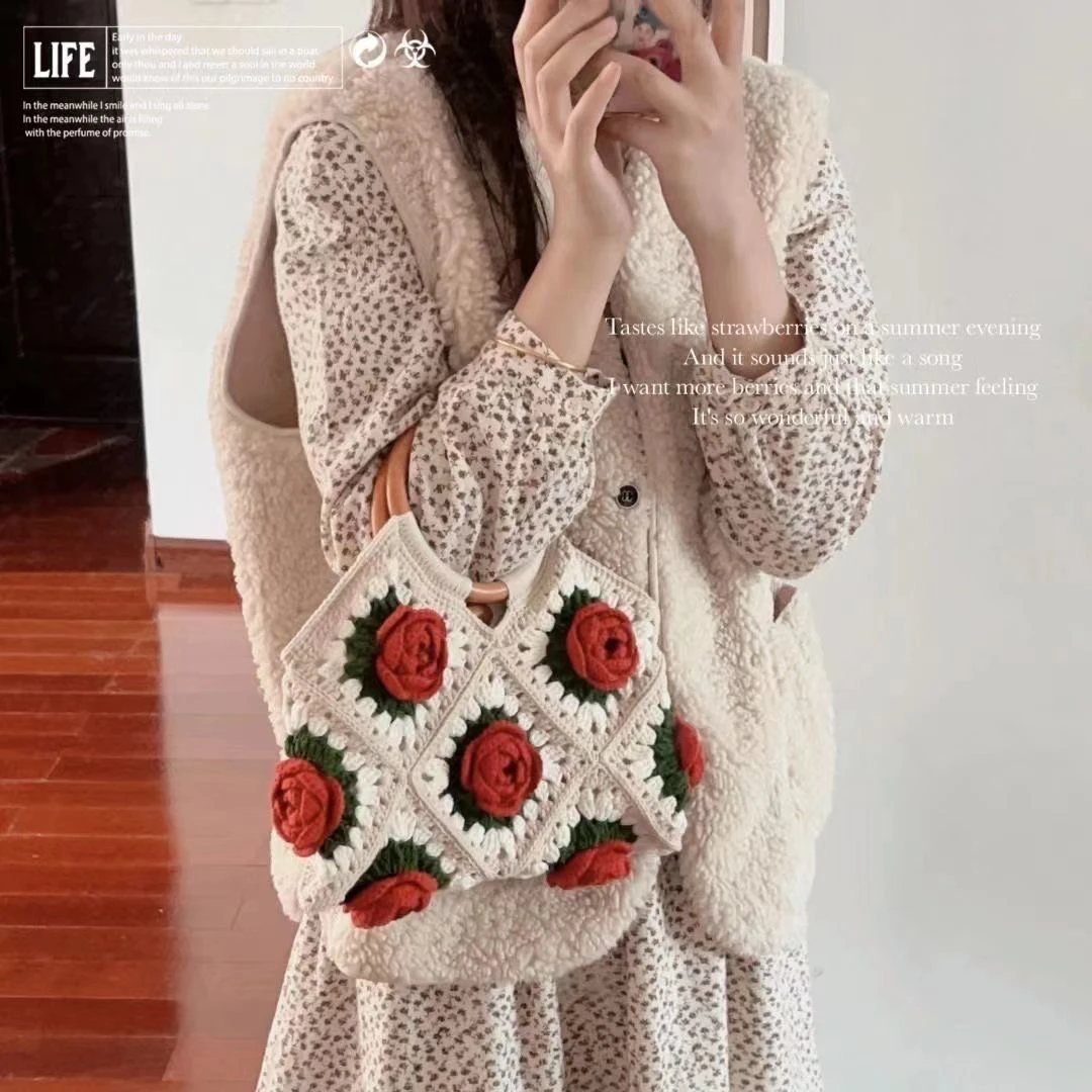 Handmade Vintage Handbag DIY Knitting Material Rose 3D Crochet Pure Handwoven Bag Versatile Handle Fashion Accessory