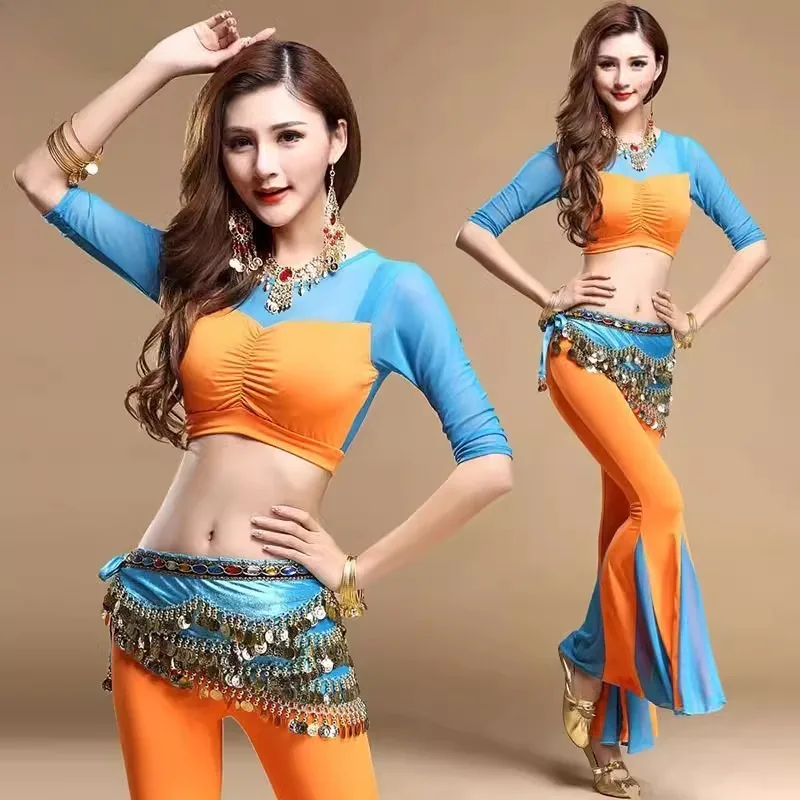 

Костюм для танца живота по индивидуальному заказу, тренировочный наряд, брюки «рыбий хвост», костюм для индийского танца для взрослых, топы, брюки, цепочка на талию