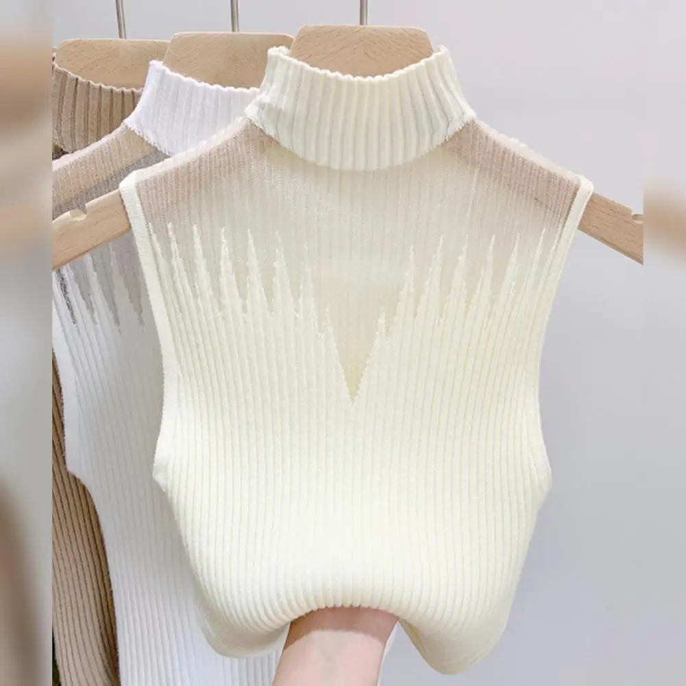 Spring Autumn Top Elegant Mesh Patchwork Tank Top for Women Soft Knitted Pullover with Half-high Collar Solid Color for Ladies