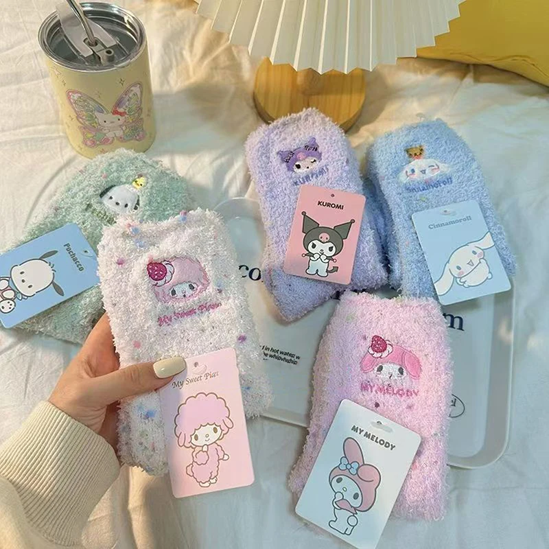 Kawaii Cute Sanrio Kuromi Mymelody Cinnamoroll Winter Coral Fleece Mid Tube Socks Floor Socks Keep Warm Sleeping Stockings