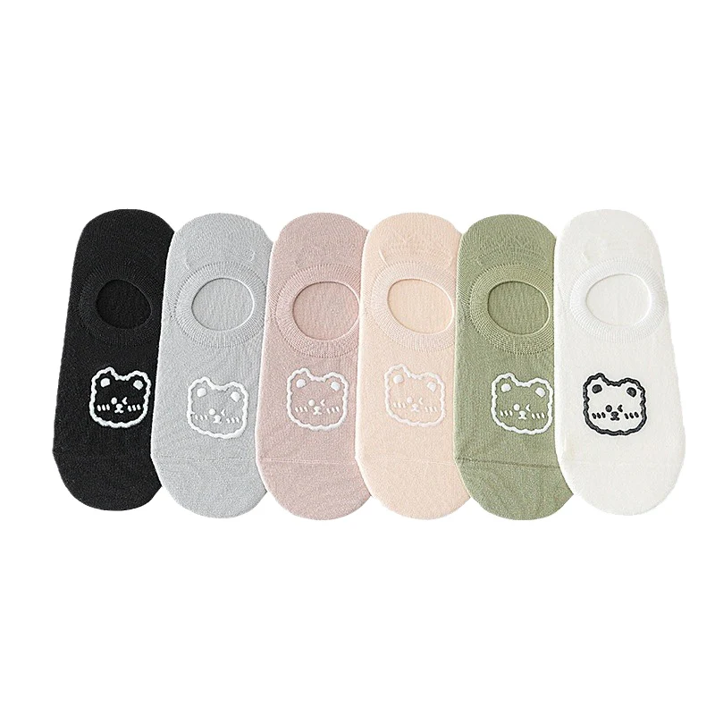 5 Pairs Women Socks Solid Color Little Bear Pattern Comfortable Cotton Boat Socks Girls Female Invisible Socks Simple Ankle Sock