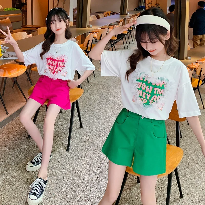 Teenager Summer Girls Clothes Letter Love Heart T Shirt + Shorts Outfits Children 5 6 8 10 12 Years Kids Short Sleeve Tracksuit