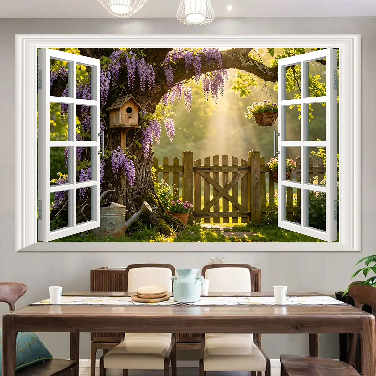 1pc Wisteria Courtyard Scenery 3D Faux Window Wall Sticker Self Adhesive Wallpaper For Bedroom Living Room Fresh Garden Wall