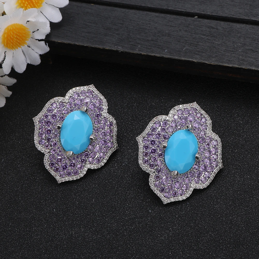 1 Pair Silver Crystal Floral Statement Earrings with Turquoise & Purple for Party Fashion Women's Jewelry Gift for Wedding