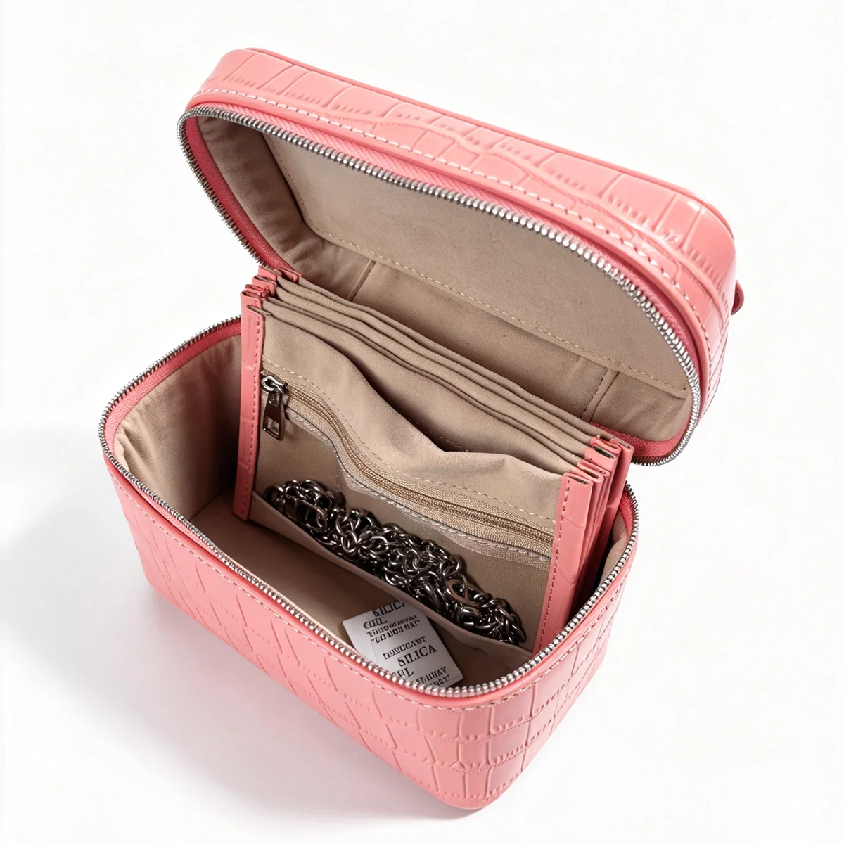 Geprägter Kosmetikbeutel aus Leder mit Krokodil-Optik, großer Stauraum, mehrere Taschen, Handtaschen-Organizer für Toilettenartikel, Reise, rosa Ausführungen. – Detail 28