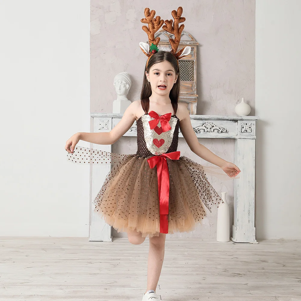 Halloween Christmas Party Kids Dresses Santa Reindeer Costume New Year Tulle Princess Tutu Dress With Headband set