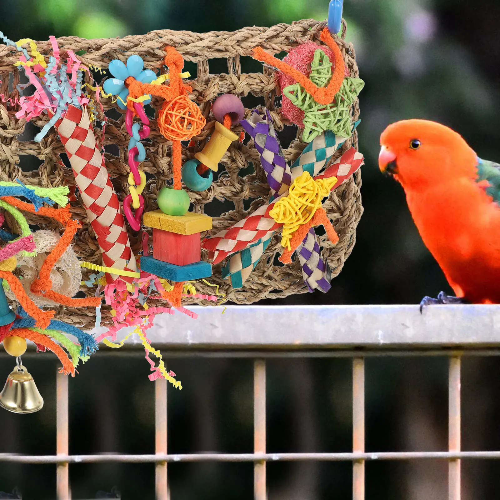 Alfombra Colgante de Paja y Algas Marinas para Loros, Accesorio Resistente al Desgaste para Jaula, Mordazas y Gancho para Forrajeo, Juguete Masticable para Pájaros
