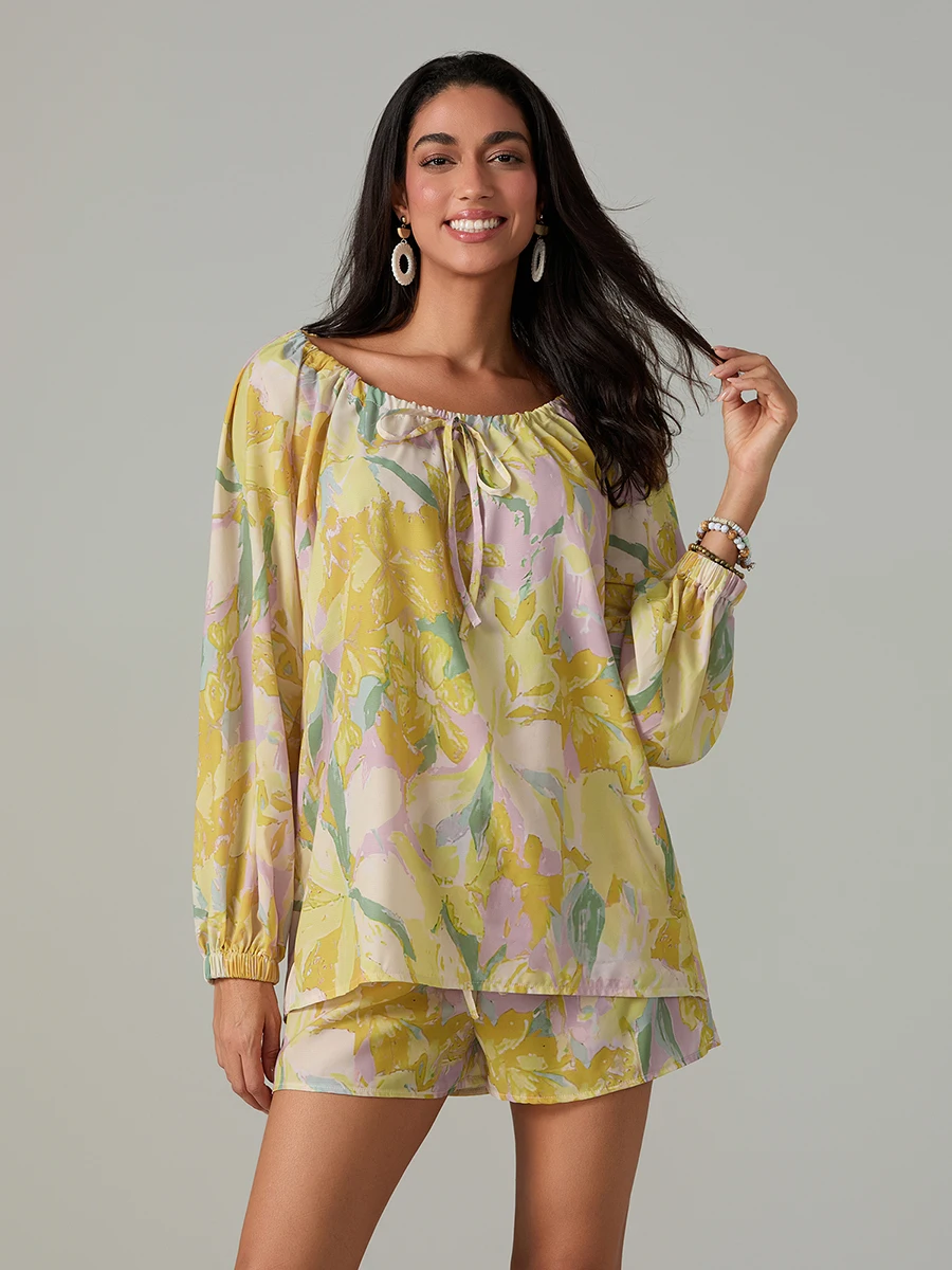 Elegant Floral Ensemble Stylish Long Sleeve Blouse with Tie-up Detail and Elastic Waist Shorts for a Chic Summer Look