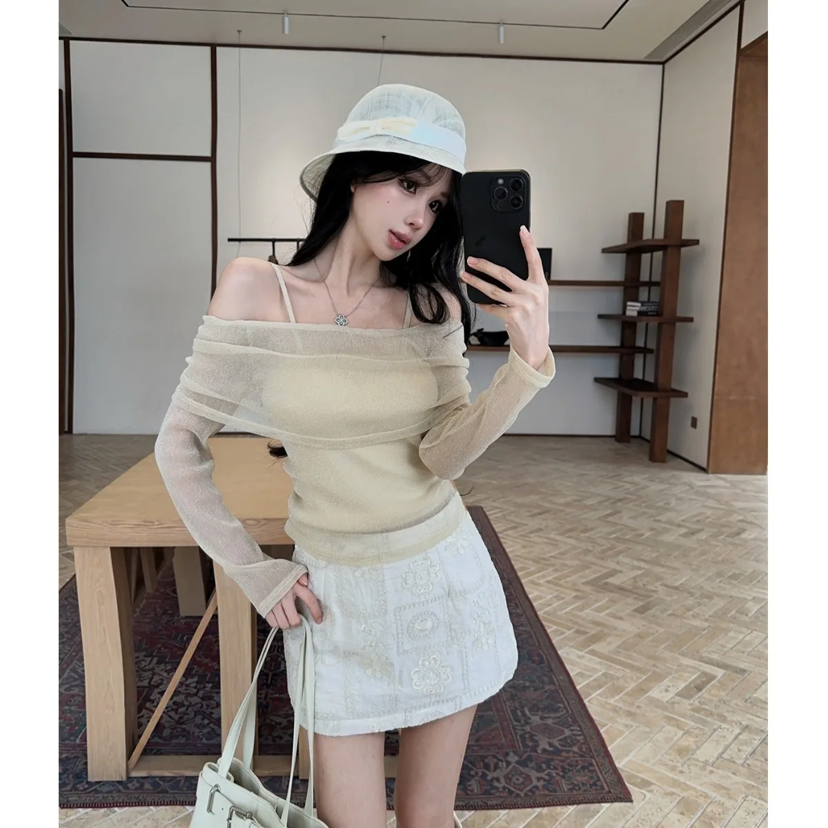 Shiny Thread One-Shoulder Autumn Winter Slimming Halter Neck  Knot Tie Waist Half Skirt French Style Straight Cut Lo...