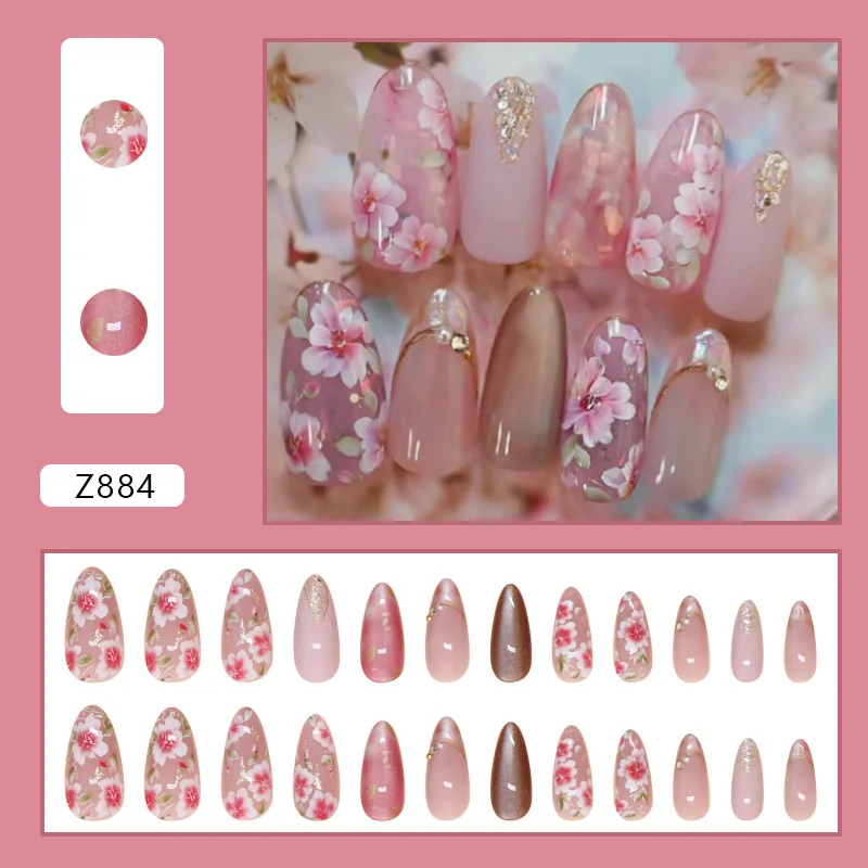 24PCS Long Almond Cat's Eye Fake Nails with Flower Design Gentle Round Nails Set Press on Nails Wearable Flash French False Nail