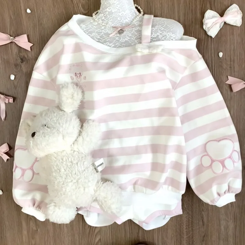 HOUZHOU Kawaii rosa gestreifte Sweatshirts für Damen, Cutecore, schulterfrei, langärmelig, Pullover, süßer japanischer Stil, locker, lässig