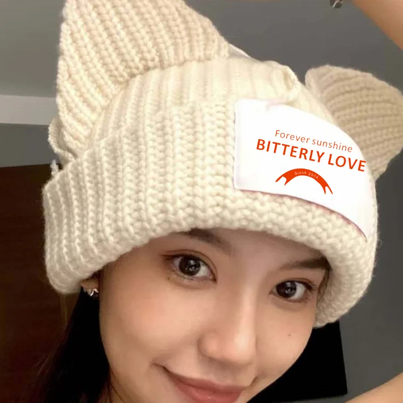 2022 New Cute Cat Ears Knitted Wool Hat Unisex Personality Beanies Cap Men Women Cute Warm Winter Tide Bonnet Pullover Hats