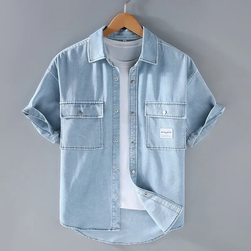 

Korean Style Mens Short Sleeve Denim Shirt Summer Daily Casual Light Blue Jean Shirts Male Double Pocket Youth Loose Cowboy Tops