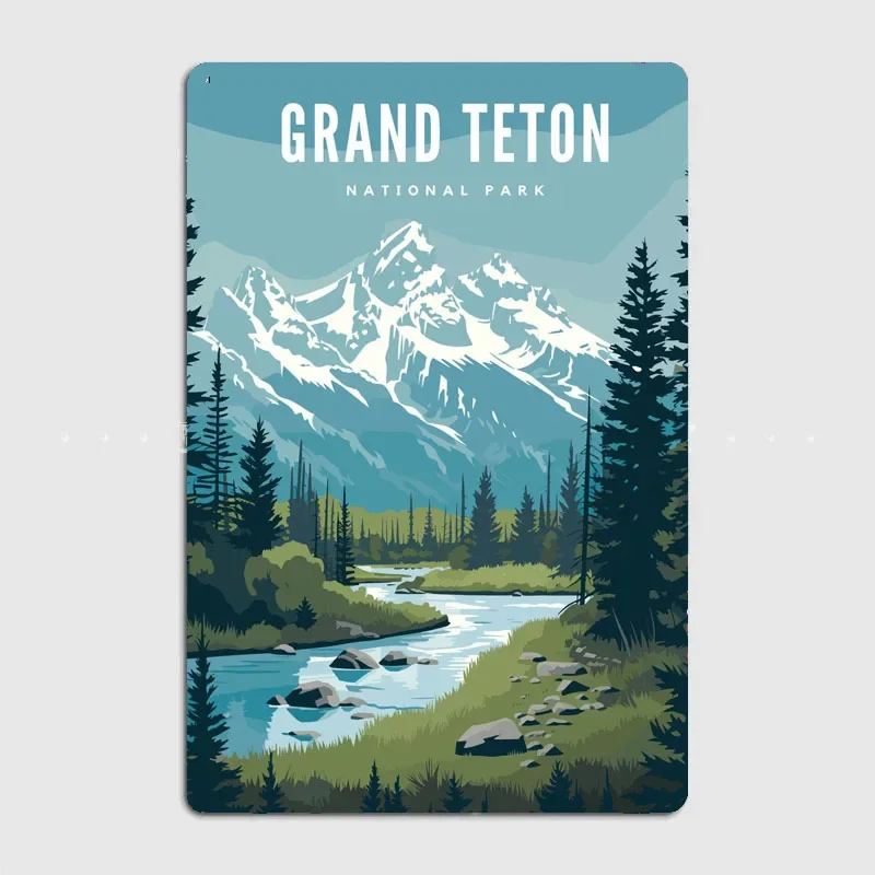 Grand Teton National Park Landscape Travel Scenic Spot Retro Poster Metal Sign Garage Club Room Wall Decor Custom Tin Home Decor