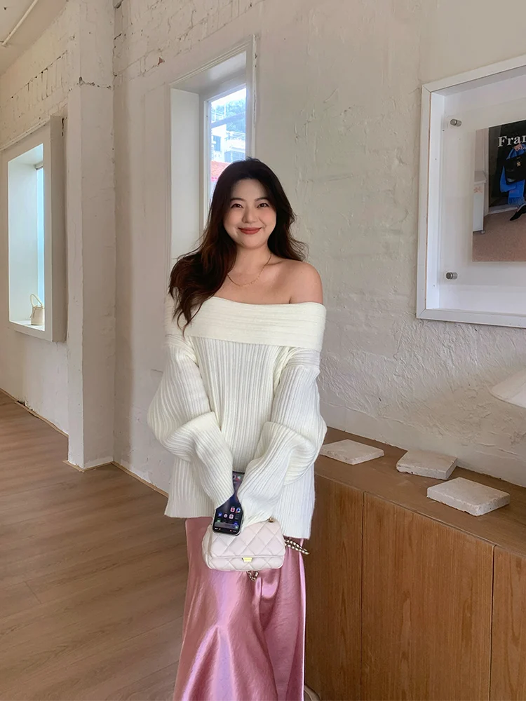 

Свободный вязаный свитер с открытыми плечами для женщин, осенне-зимний, с длинными рукавами, стандартный крой, большие размеры, повседневная одежда