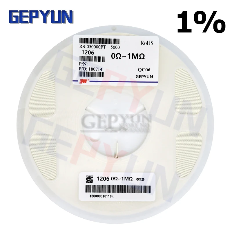 

1Reel (5000PCS) 1206 Resistor SMD 1% 0 ohm ~ 10M ohm 1K 2.2K 10K 100K 1 10 100 150 220 330 ohm Gepyun resistance