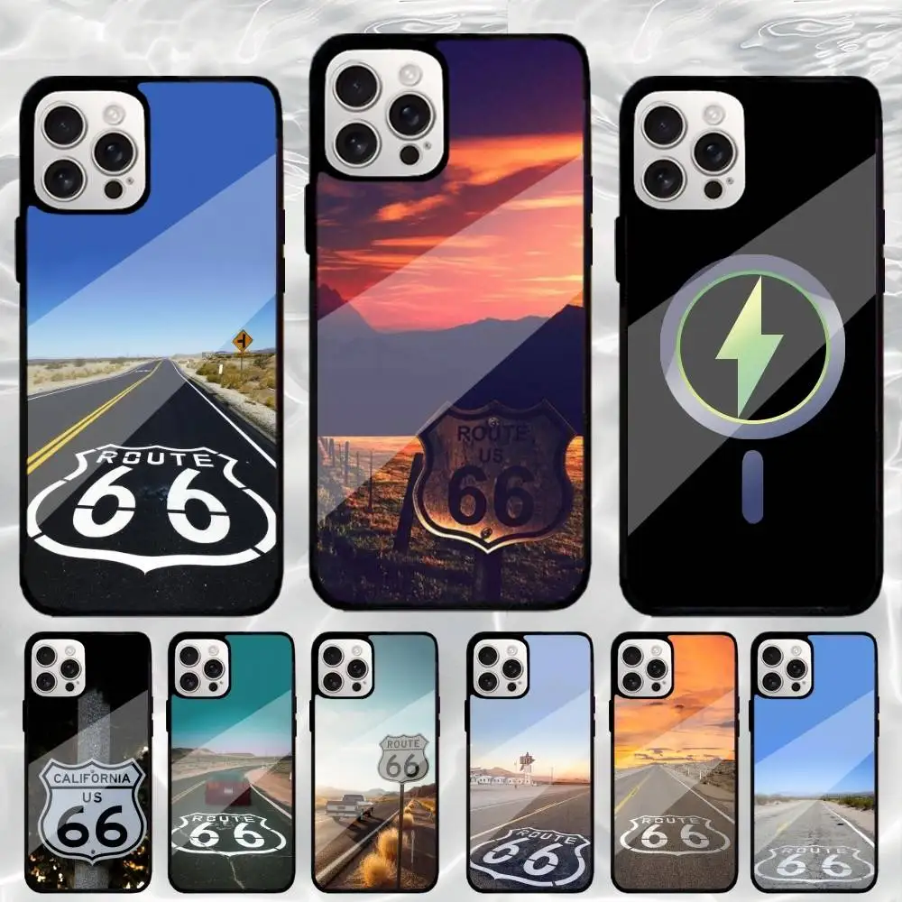 

A-America Art Route 66 Phone Case For iPhone17,16,15,14,13,12,11 Plus,Pro Max Magnetic Magsafe Wireless Charging