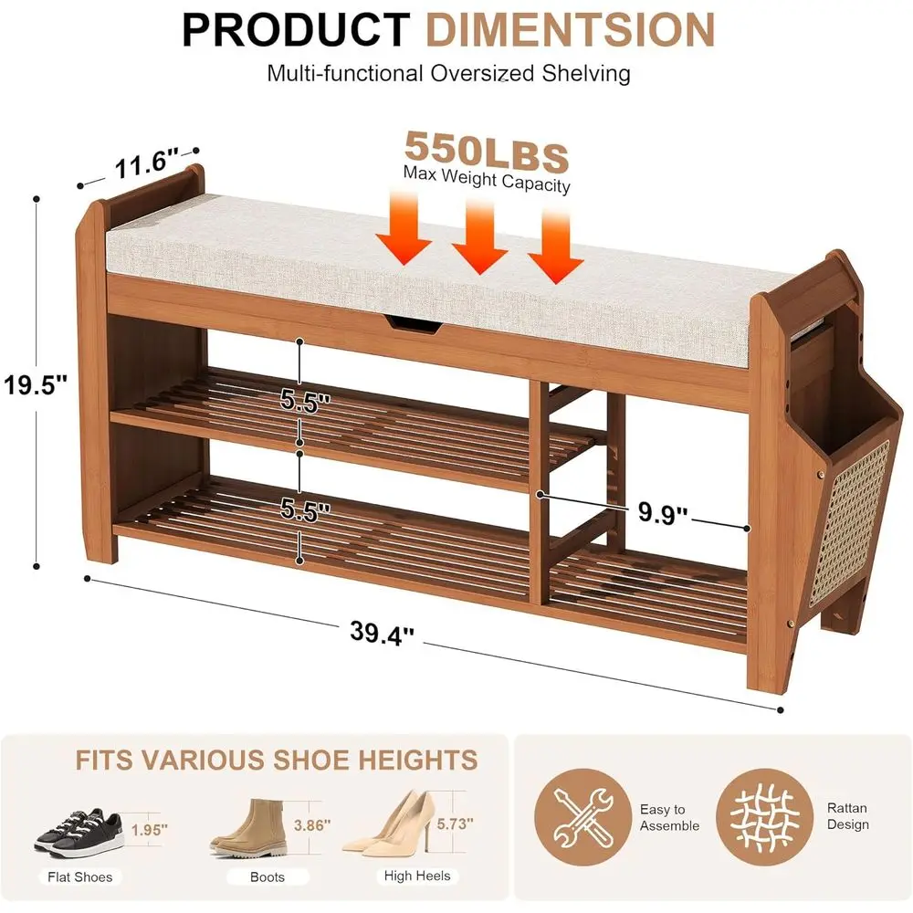 ชั้นวางรองเท้าไม้ไผ่ 3 ชั้น พร้อมเบาะหนานุ่ม ฝาพับเก็บได้ และช่องเก็บของด้านข้าง รับน้ำหนักได้ถึง 550 ปอนด์ เหมาะสำหรับทางเข้าบ้าน ห้องนั่งเล่น และห้องนอน