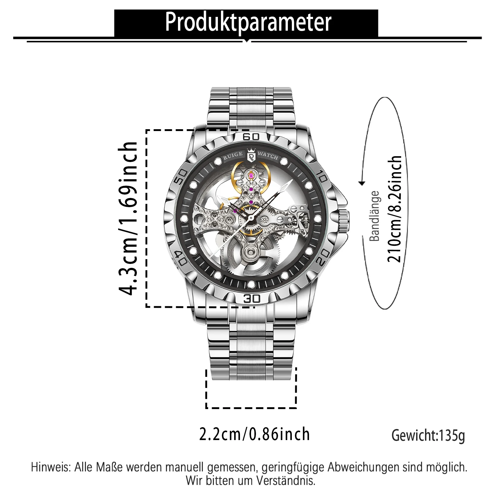 RUIGE Double-Sided Hollow Fully Automatic Mechanical Watch, Stainless Steel Fashionable Men's Night Light Waterproof Trendy Watc