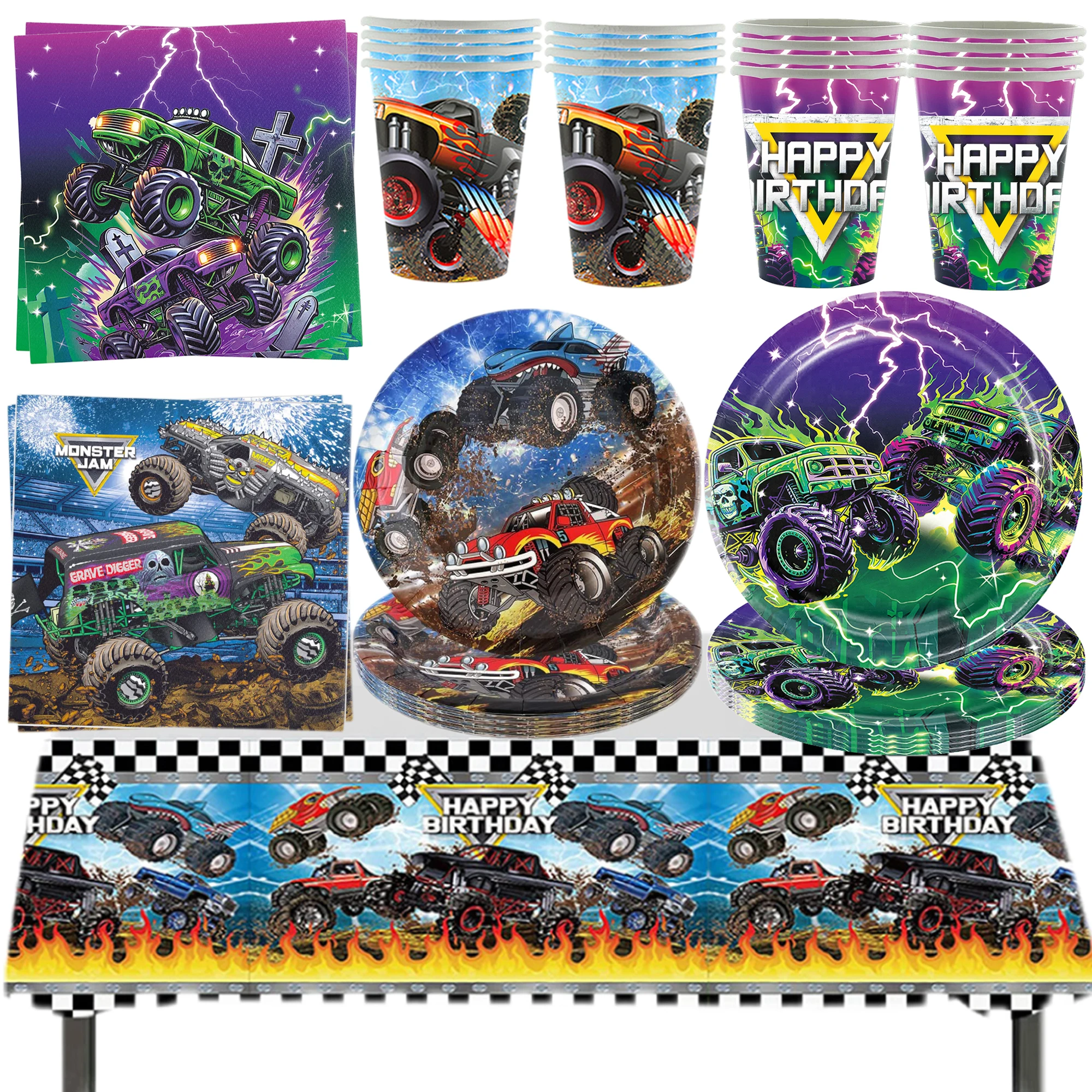 Monster Truck Party Supplies Disposable Tableware Plates Napkin Banner Tablecloth for Kids Boys 2nd Birthday Party Decorations