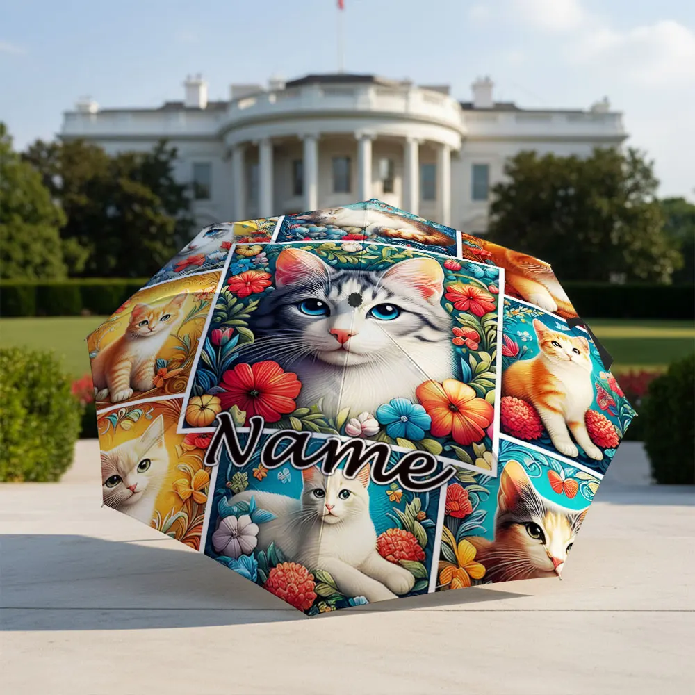 Custom Name Umbrella Colorful Kitten Cat Floral Collage Print Folding Umbrella Compact Portable Travel Parasol For Cat Lovers