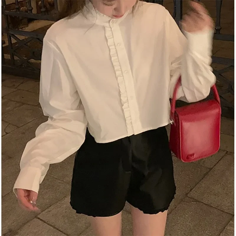 White Short Shirt Woman Korean Fashion Sweet Preppy Long Sleeve Blouses Summer Youthful Casual Y2k Vintage Aesthetic 2024