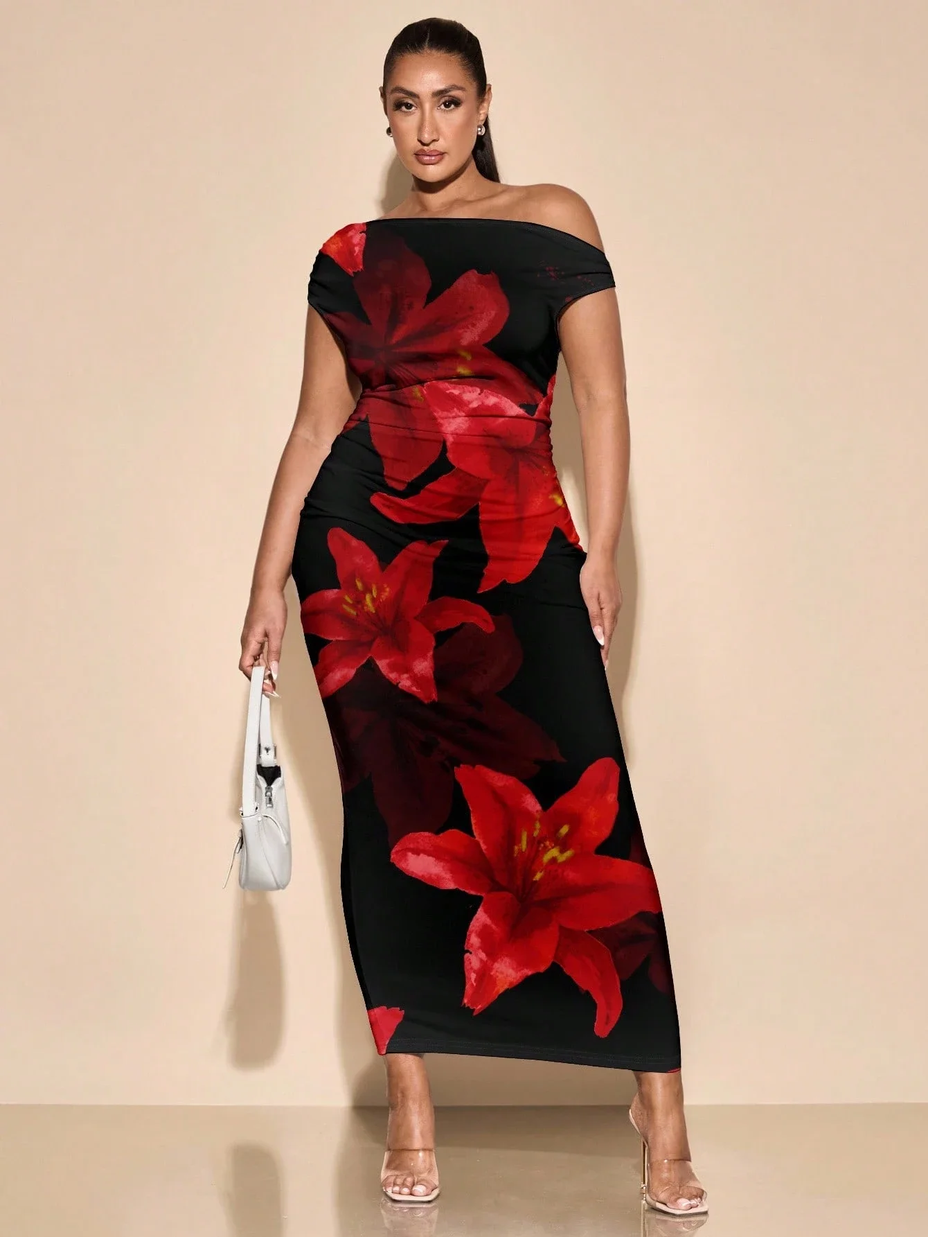 

Plus Size Asymmetric Shoulder Floral Print Maxi Dress For Women