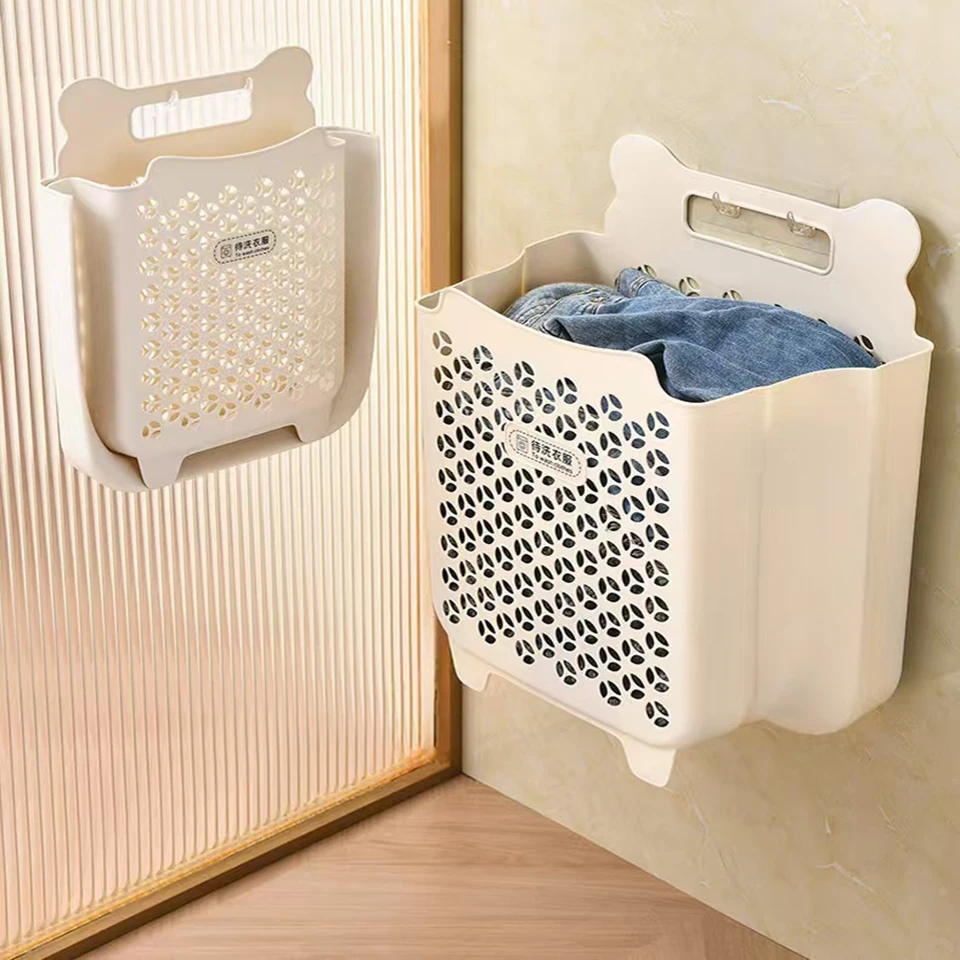 

1PC Household Wall-mounted Dirty Clothes Basket Foldable Bathroom Laundry Basket White Bathroom Clothing Crate With Handles