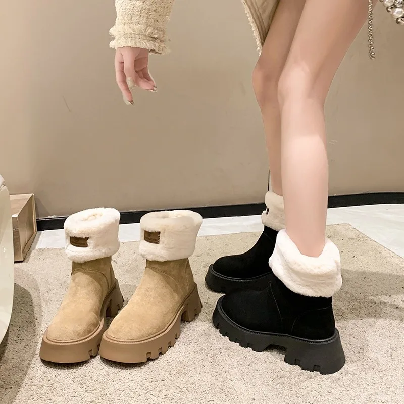 2024 Best-selling New Thick Soled Elevating Snow Boots Winter Plus Warm Vintage Thick Heel Pile Collar Short Boots Cotton Shoes