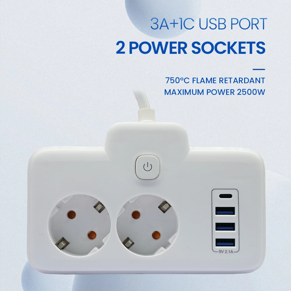 

Розетка европейского стандарта, 2 розетки, электрическая розетка с портами USB Type-C и удлинителем, 15 см, защита от утечек и ударов электрическим током