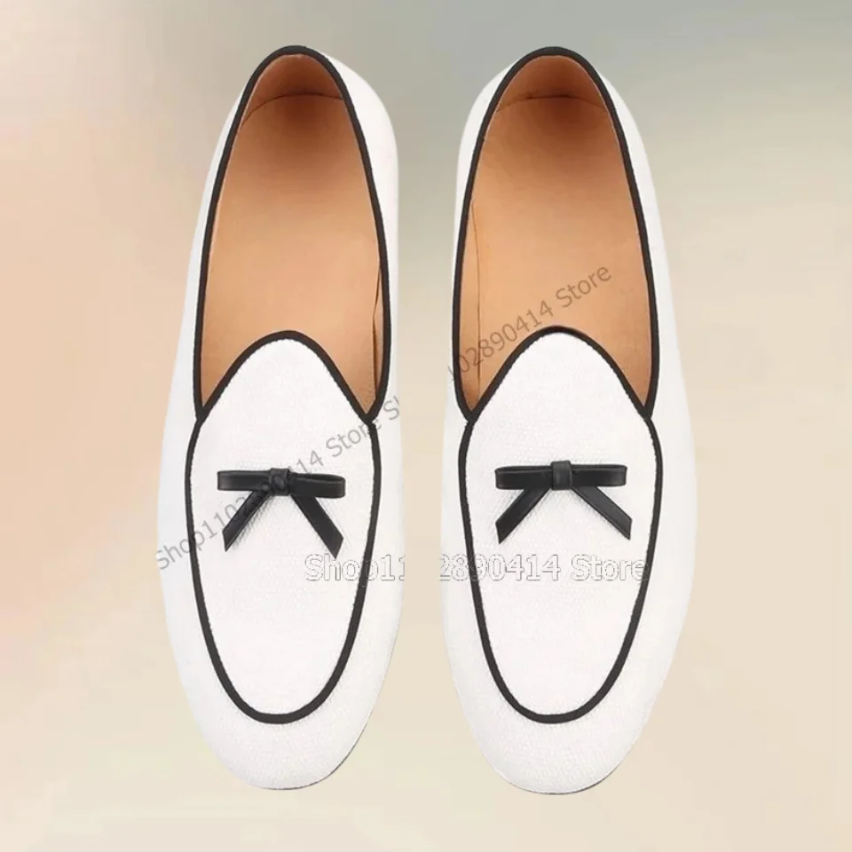 Leather Bow Knot Decor Two Colors Canvas Loafers Fashion Slip On Men Casual Shoes Novel Handcraft Party Wedding Men Dress Shoes