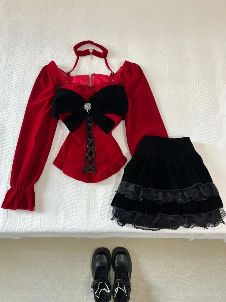 Winter Christmas Design Bow 2-piece Set Women Fashion Pretty Slim Long Sleeve Off Shoulder Tops + High Waist Ruffle Skirt Suit