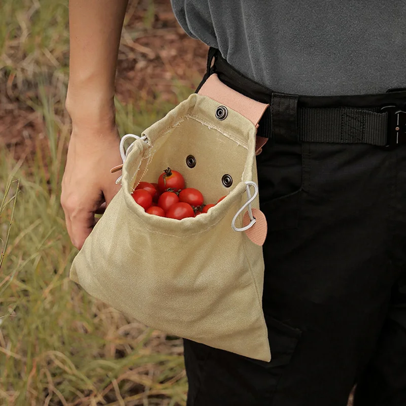 Portable Foldable Drawstring Coin Purse Canvas Waist Storage Pouch Field Work Foraging Bag for Outdoor Hiking Camping Picking