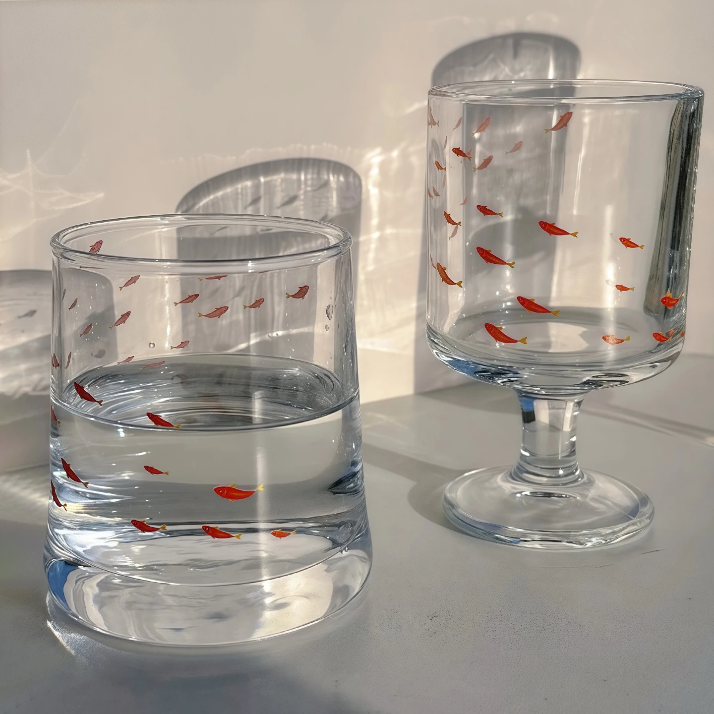 Small Fish Printed High Footed Cup,Heat-resistant Light Shadow Home Glass Cup,Milk Beverage Cup,Light Luxury Niche Personal Cup