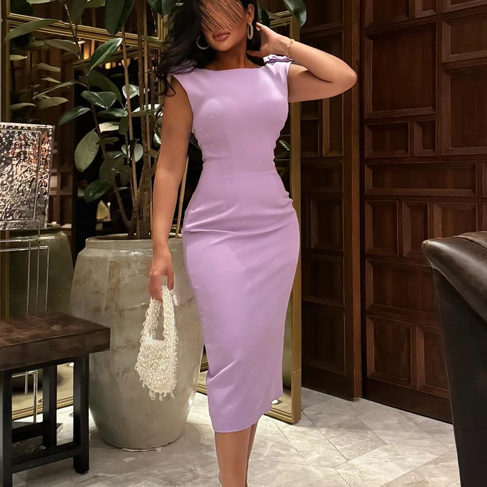 

High Quality Straight Tea Length Scoop Jersey Sleeveless Pleats Evening Dress Elegant Photo Color Back Slit платье вечернее