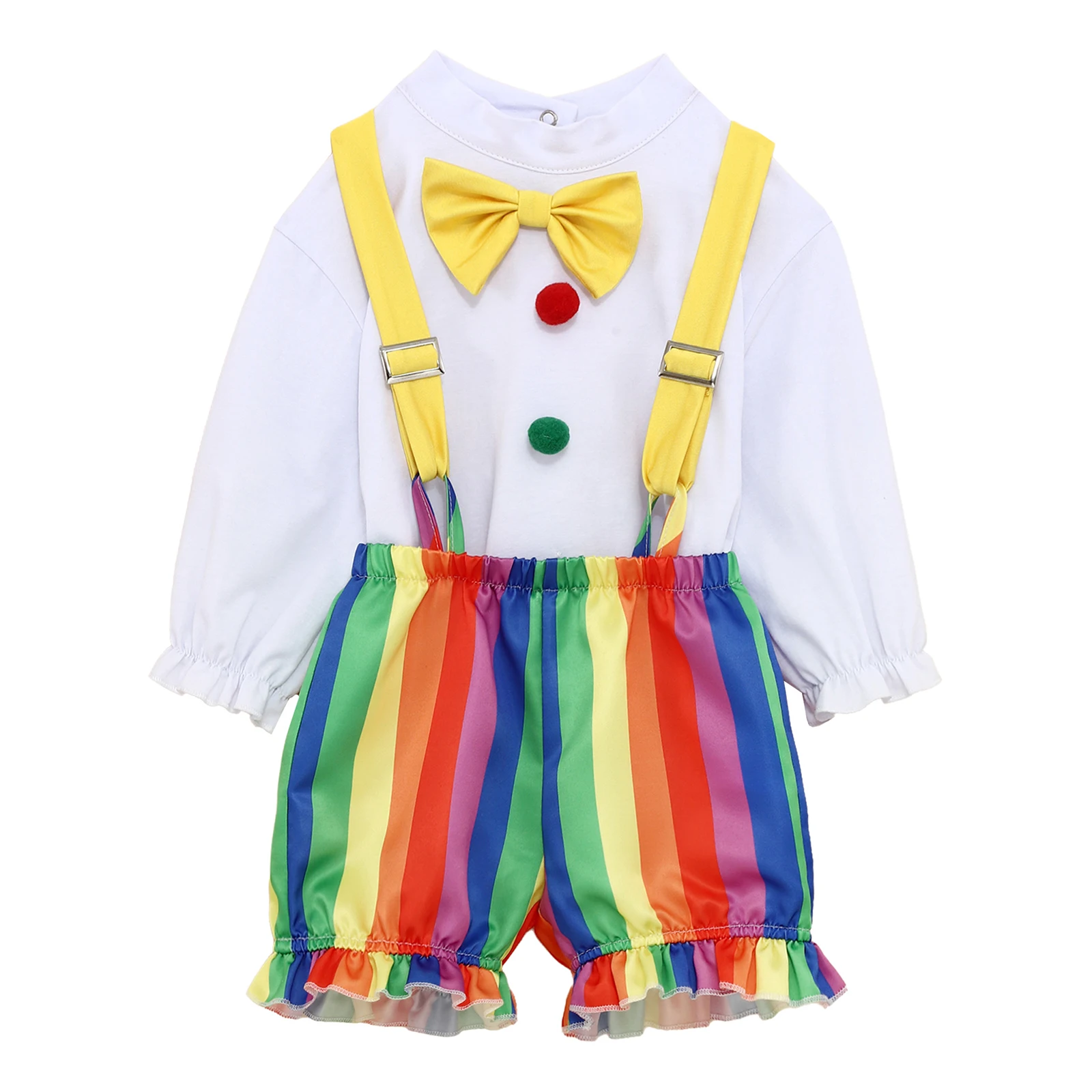 Girls Boys Roleplay Clown Clothing Outfit Costume Fancy Dress Circus Costume Pompom Rompers + Colorful Suspenders Shorts view 4