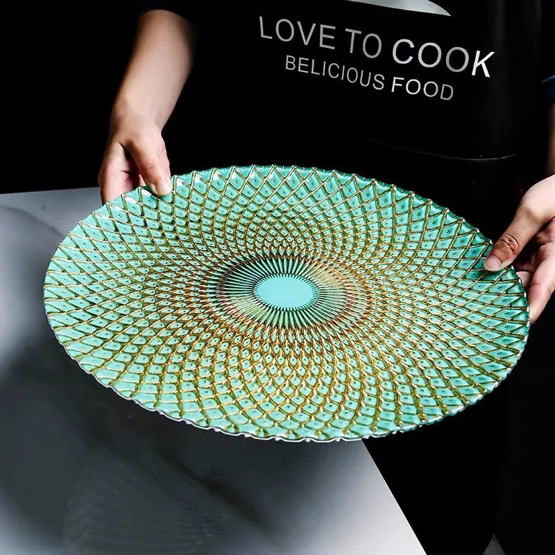 Internet celebrity European-style household glass malachite green pineapple fruit plate living room candy plate large size round