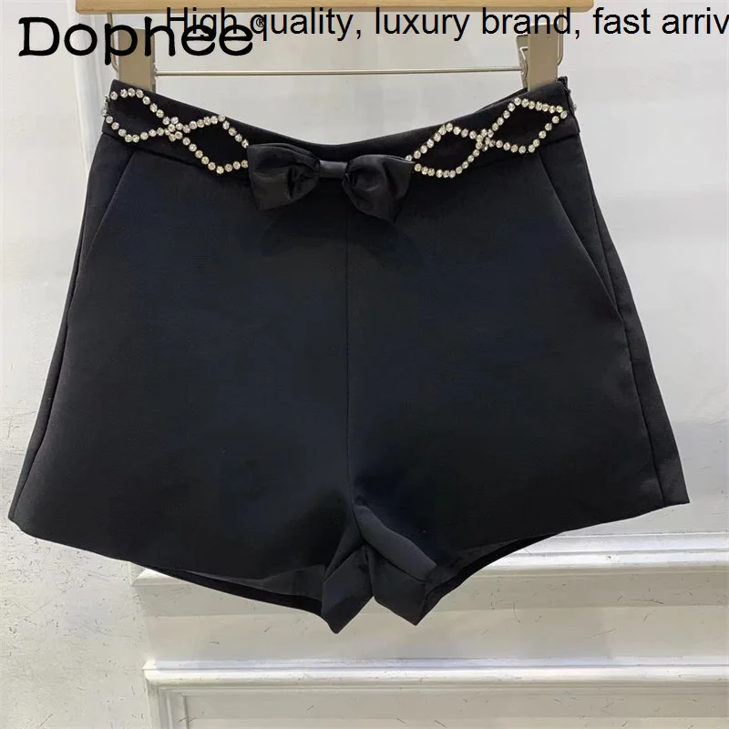 New 2023 Summer Retro Chic Design Beaded Bowknot Decorative Black Women Fashion All-Matching Casual Wide-Leg Shorts Femme