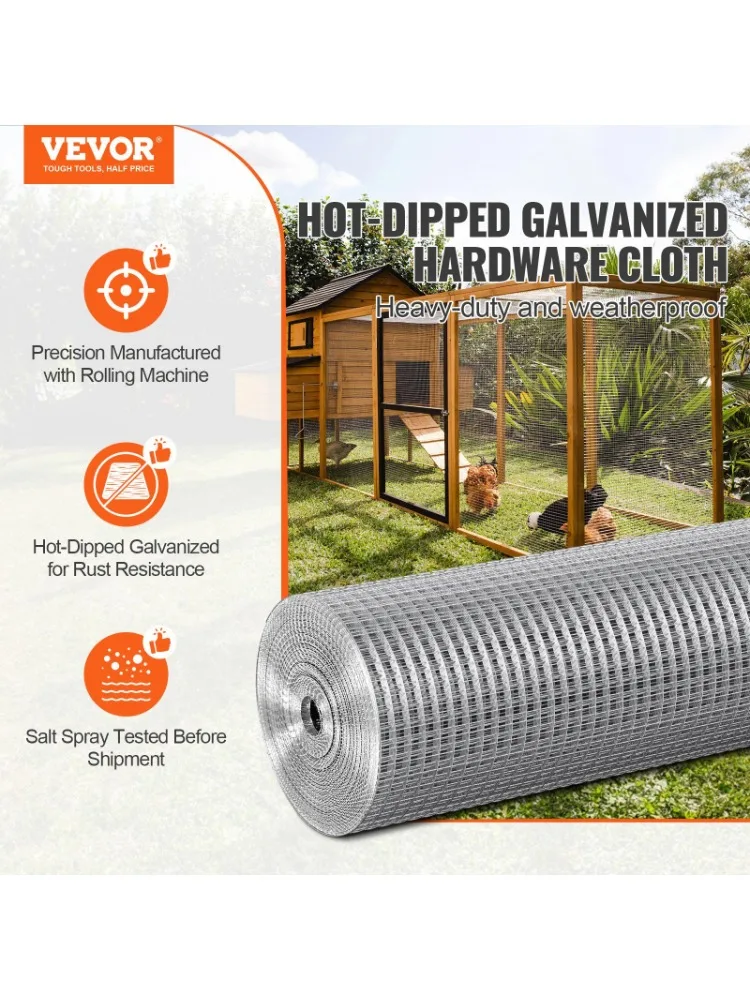 VEVOR Hardware Cloth, 1/2 inch 24in x 50 ft 19 Gauge, Hot Dipped Galvanized Wire Mesh Roll, Chicken Wire Fencing, Wire Mesh