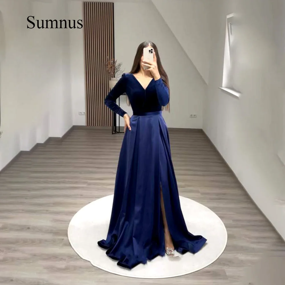 Sumnus azul marinho veludo vestidos de noite manga cheia decote em v fenda lateral drapeado cetim elegante feminino vestidos formais com trem