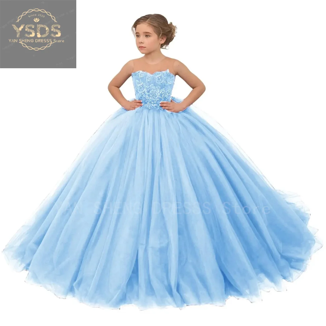 

Girls Tulle Flower Girl Dress for Wedding Illusion Sheer Beaded Appliques Princess Pageant Dresses Long Kids Party Ball Gown