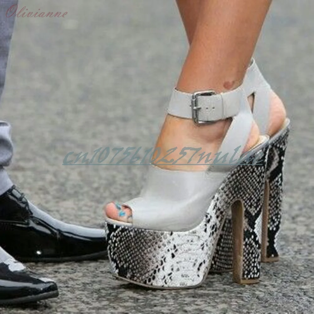 Slangenprint Mat Leer Peep Toe Sandalen Enkel Gesp Dikke Hoge Hak Mode Sexy Vrouwen Schoenen 2025, Zomer Nieuwe Para Mujere