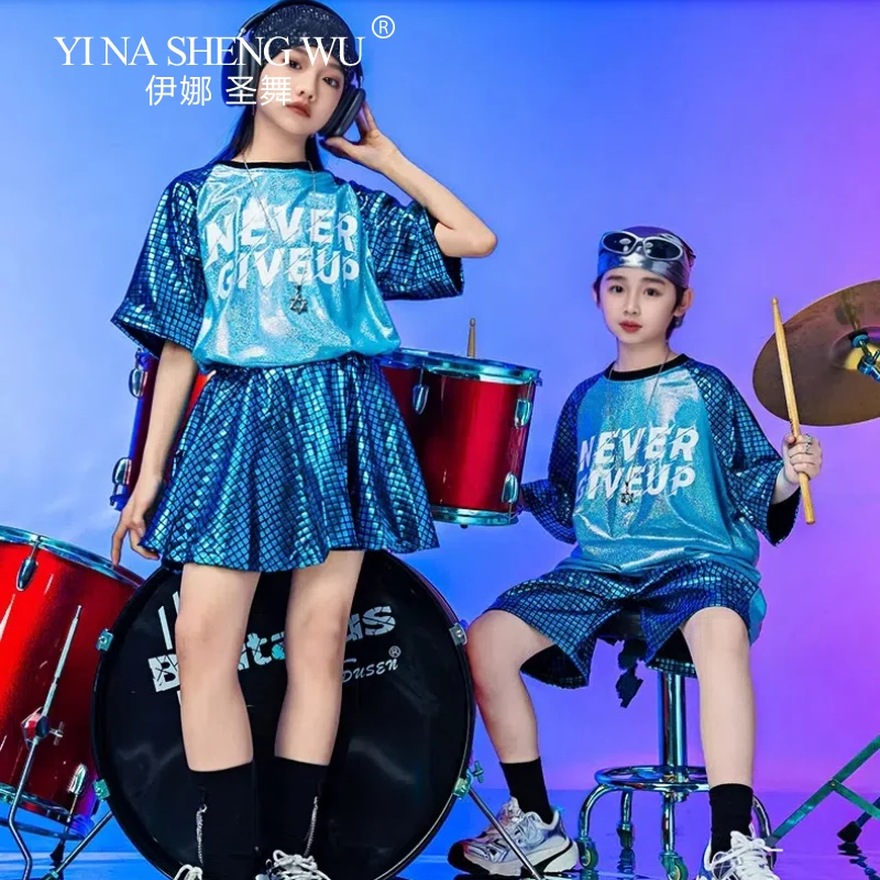 Kids Blue Sequins Performance Set Boys and Girls Hip Hop Street Dance Performance Clothes Stage Catwalk Student Cheerleader Suit