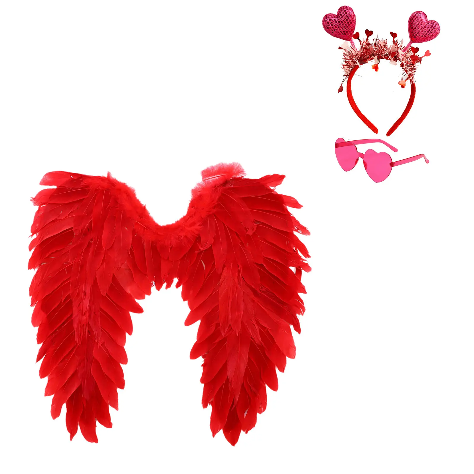 3 uds. Accesorios de vestir para el Día de San Valentín alas de Ángel de plumas correas elásticas para los hombros alas + diademas + conjunto de gafas de sol con forma de corazón