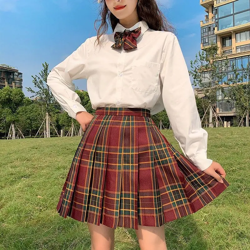 

Fashion Autumn and Winter Women's Skirts Japanese School Pleated Skirt Girls High Waist Plaid Mini Skirt 2-piece Set with Bow