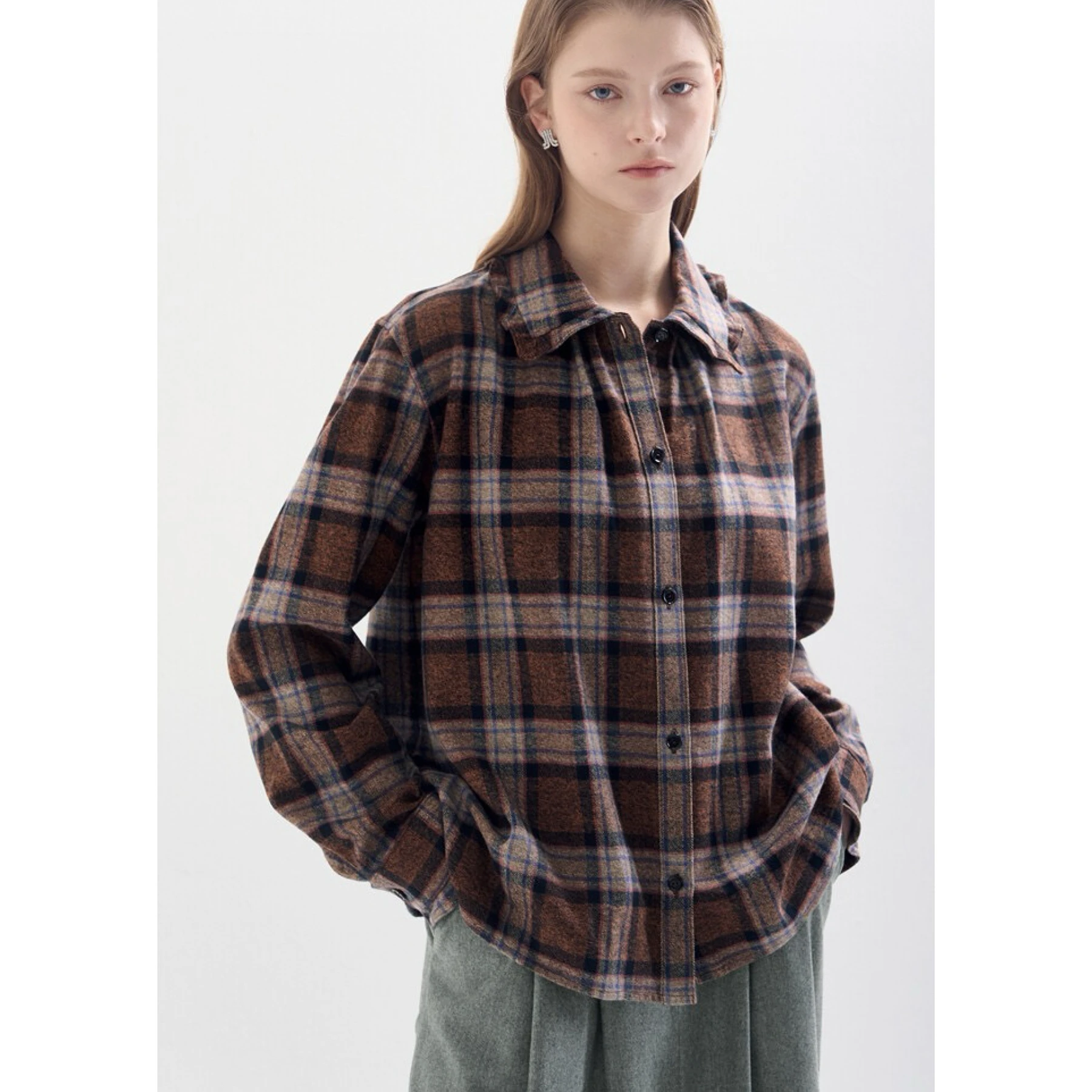 Faionable Casual Plaid Irt Lemon Cheese LAN25 Autumn Collection Umlegekragen Vielseitige Baumwollmischung aus der Beige-Serie