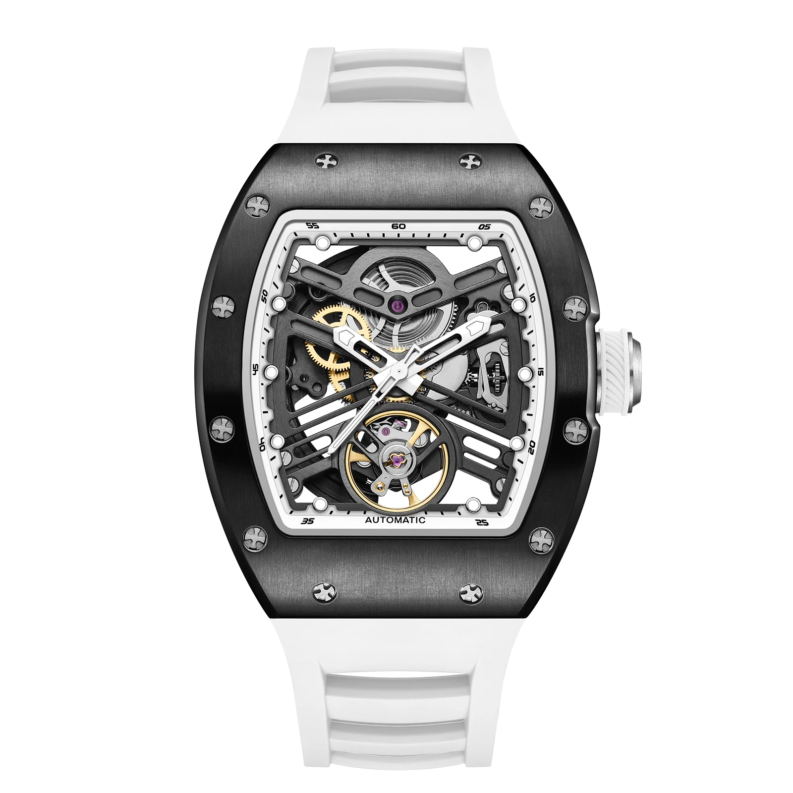 

CHANCE Military Sports Automatical Watch Men White Silicone Strap Waterproof Luminous Skeleton Dial Mechanical Wristwatch 919013