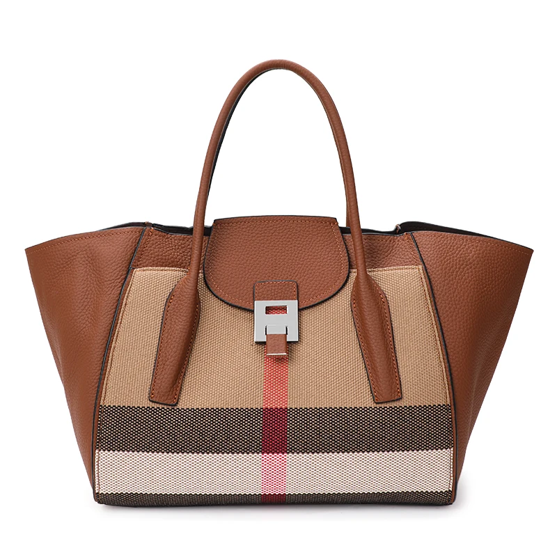 Aidrani Cowhide & Canvas Women Tote Bag, Plaid Stripe Patchwork Handbag with Metal Lock, Multi-Pocket Purse for Travel
