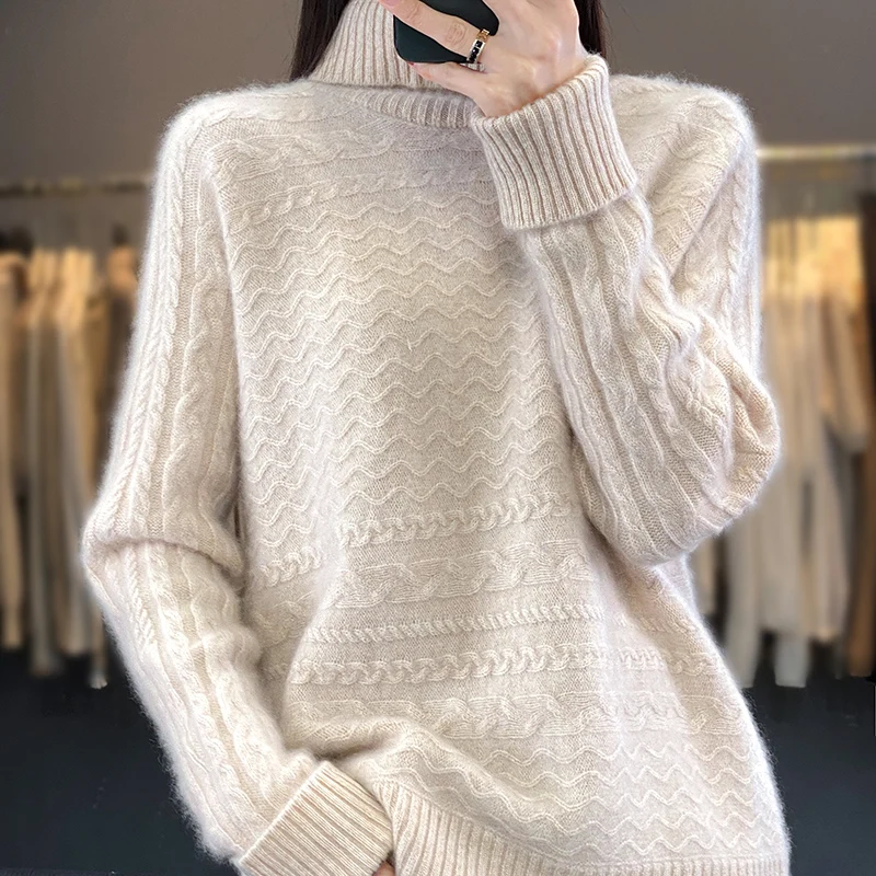 Casual High Neck Cashmere Knitted Cardigan Women\'s Long Sleeve Sweater Autumn and Winter 23 New Women\'s 100  Pure Wool Pullover